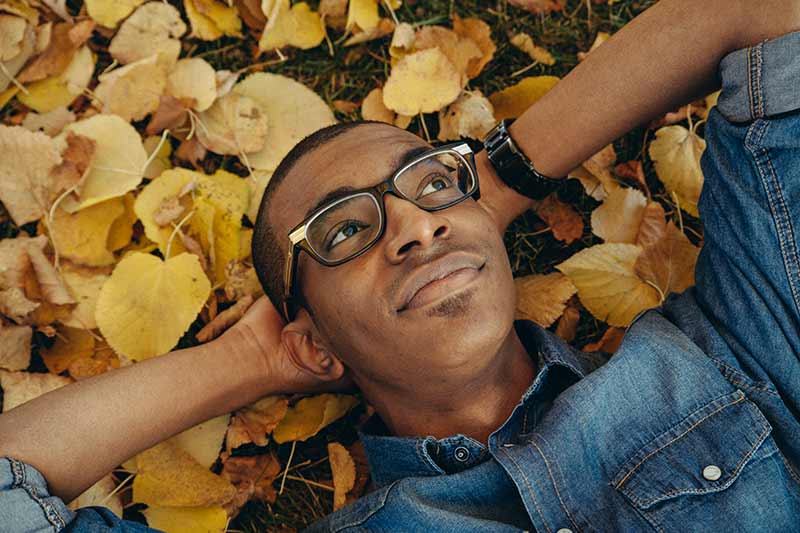 An image of Orijin in a pile of leaves.